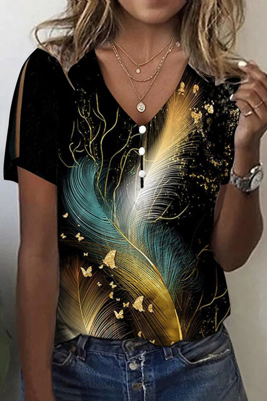 Women's casual v-neck bright color art abstract print short sleeve shirt