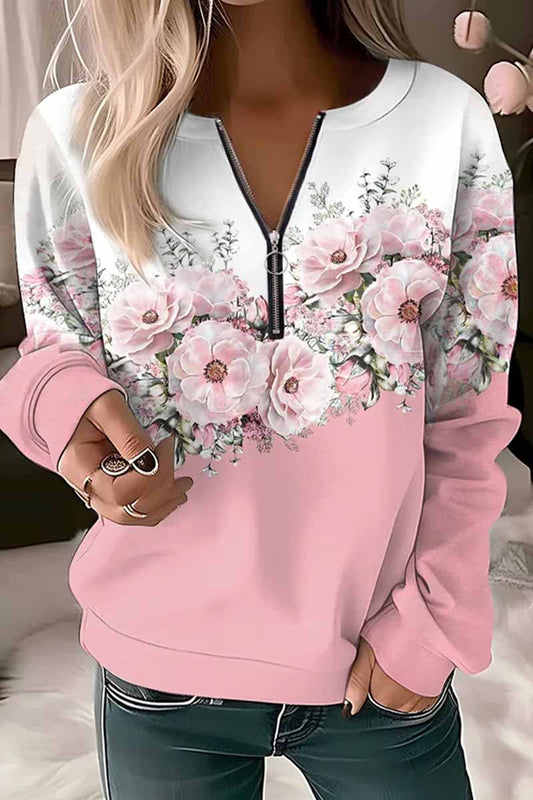 Women's casual v neck zipper floral print long sleeve sweatshirt top