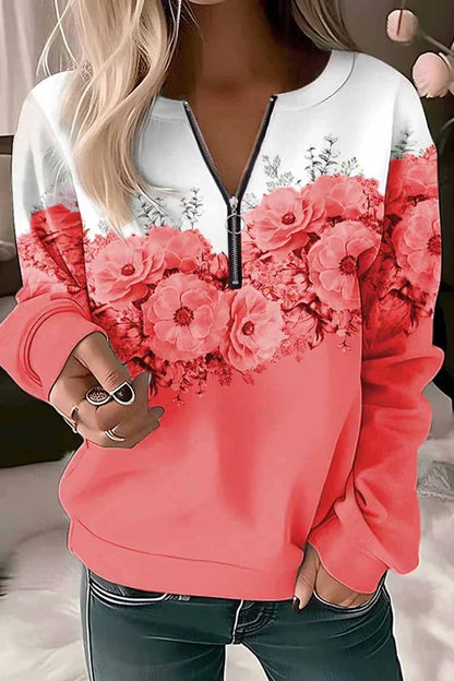Women's casual v neck zipper floral print long sleeve sweatshirt top