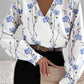 Women's casual v-neck vintage print stitching long sleeve shirt top