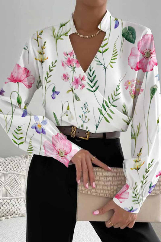 Women's casual v-neck vintage print stitching long sleeve shirt top
