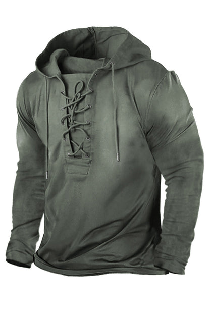 Pánské retro lace-up hooded jednofarebné outdoor neformální dlouhé rukávy hoodie