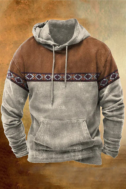 Men's patchwork printed street fashion loose casual drawstring hoodie