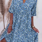 Dámské volné v-neck vintage květinové tisk krátké rukávy midi šaty