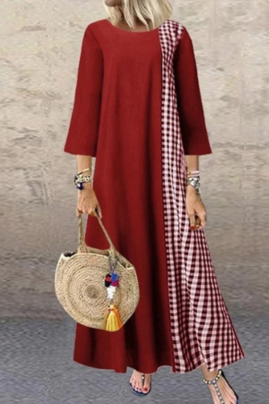 Volné bavlněné plátěné kostkované patchworkové šaty midi s polovičním rukávem