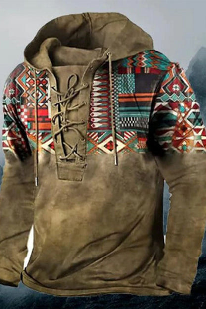 Men's casual retro printed strappy hooded jacket sweatshirt
