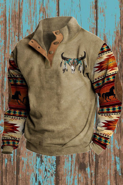 Men's casual stand collar retro western style printed polo long sleeve sweatshirt