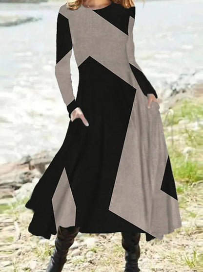 Women's vintage patchwork round neck long sleeve maxi dress