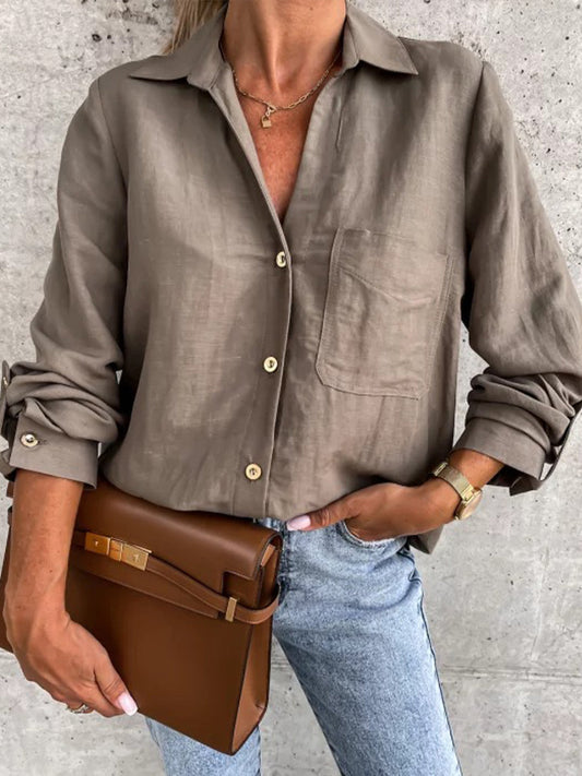 Dámské retro jednoduché jednofarebné roll rukávy v-neck tlačítko klopa košile top