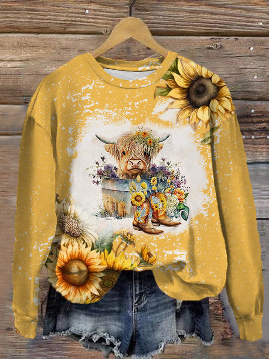 Women's vintage highland cow print casual round neck long sleeve top