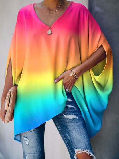 Dámské retro barevné tisk pulóver bat rukáv t-shirt