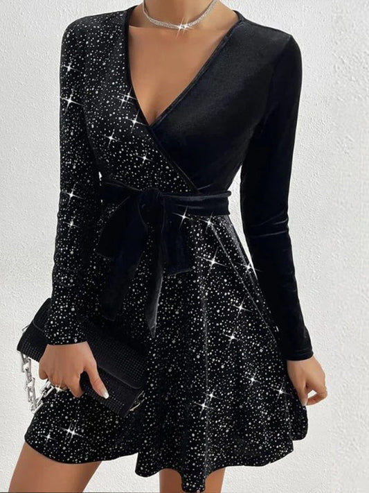 Women's vintage solid sequin velvet mini dress