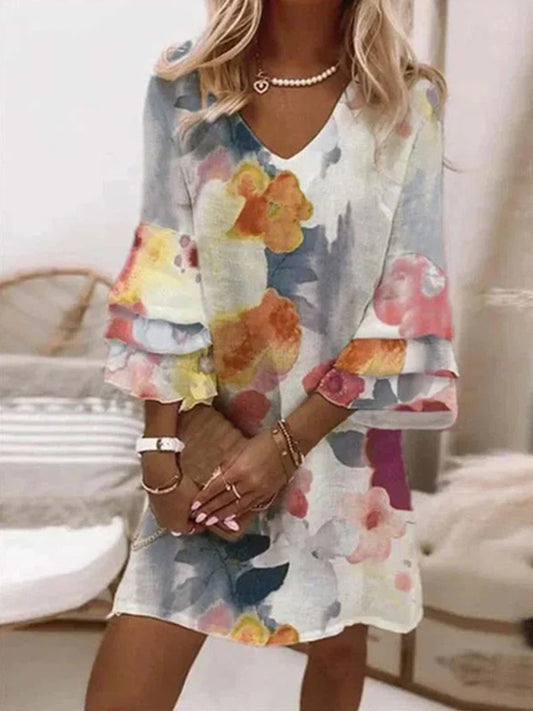 Women's vintage multicolor printed crew neck mini dress