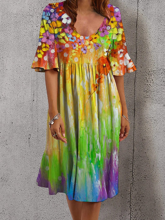 Women's vintage multicolor printed mid-sleeve mini dress