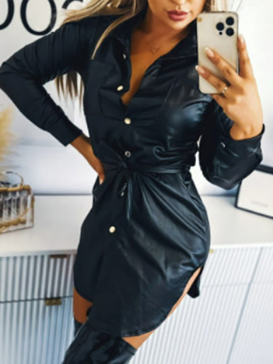 Ženy vintage černé tlačítko opasek kožené sukně mini šaty