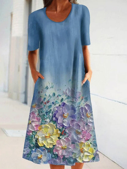 Dámské retro květinová tlač s krátkým rukávem midi šaty