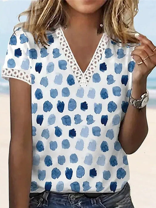 Women's casual v-neck polka dot print short-sleeved top t-shirt